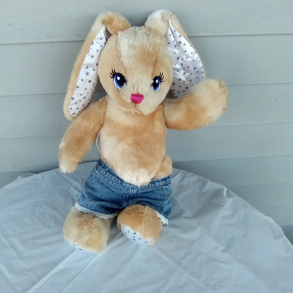 Charming Tan Bunny Plush with Denim Outfit